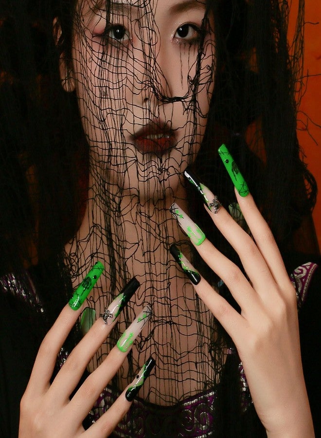 LOVFUL Press on Nails Halloween Luminous Lurker | Glow in the Dark | Handmade with Full Covered Crystals | Reusable Fake Nails | Square Mid length 1.7in | H339-S - Image 5